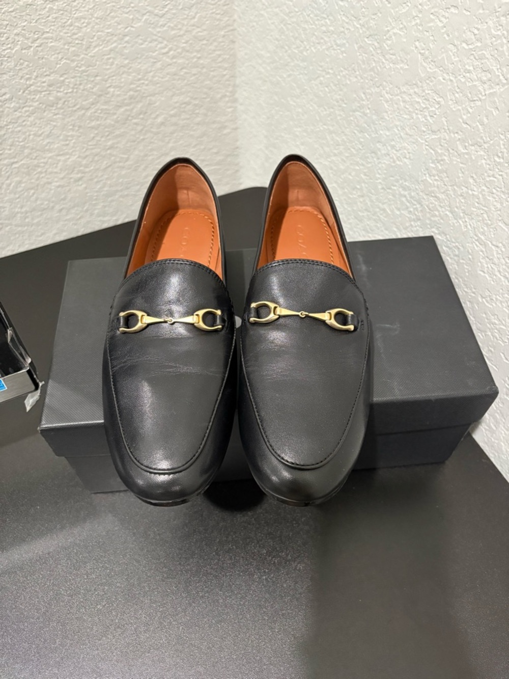 Coach Black Leather Loafers with Gold Bit Detail